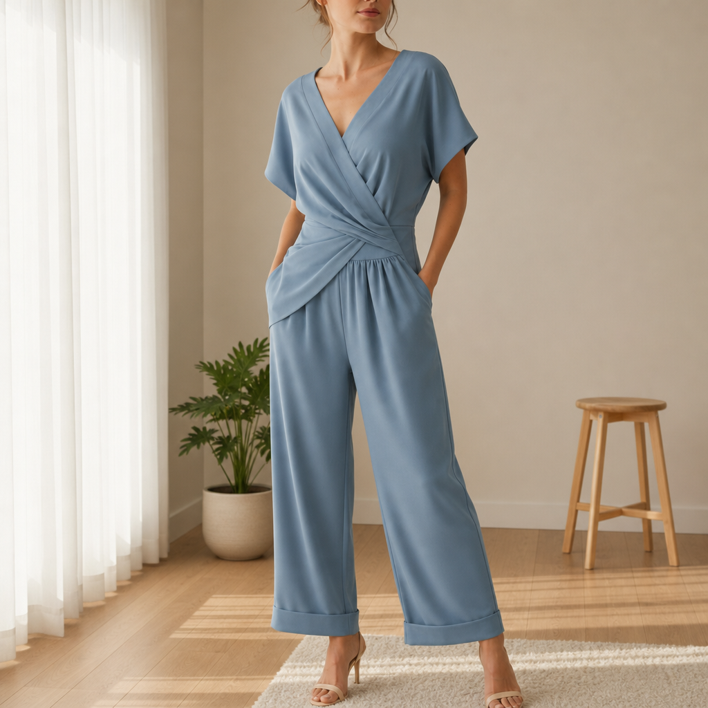 Noto Wrap Front Wide-Leg Jumpsuit in Blue