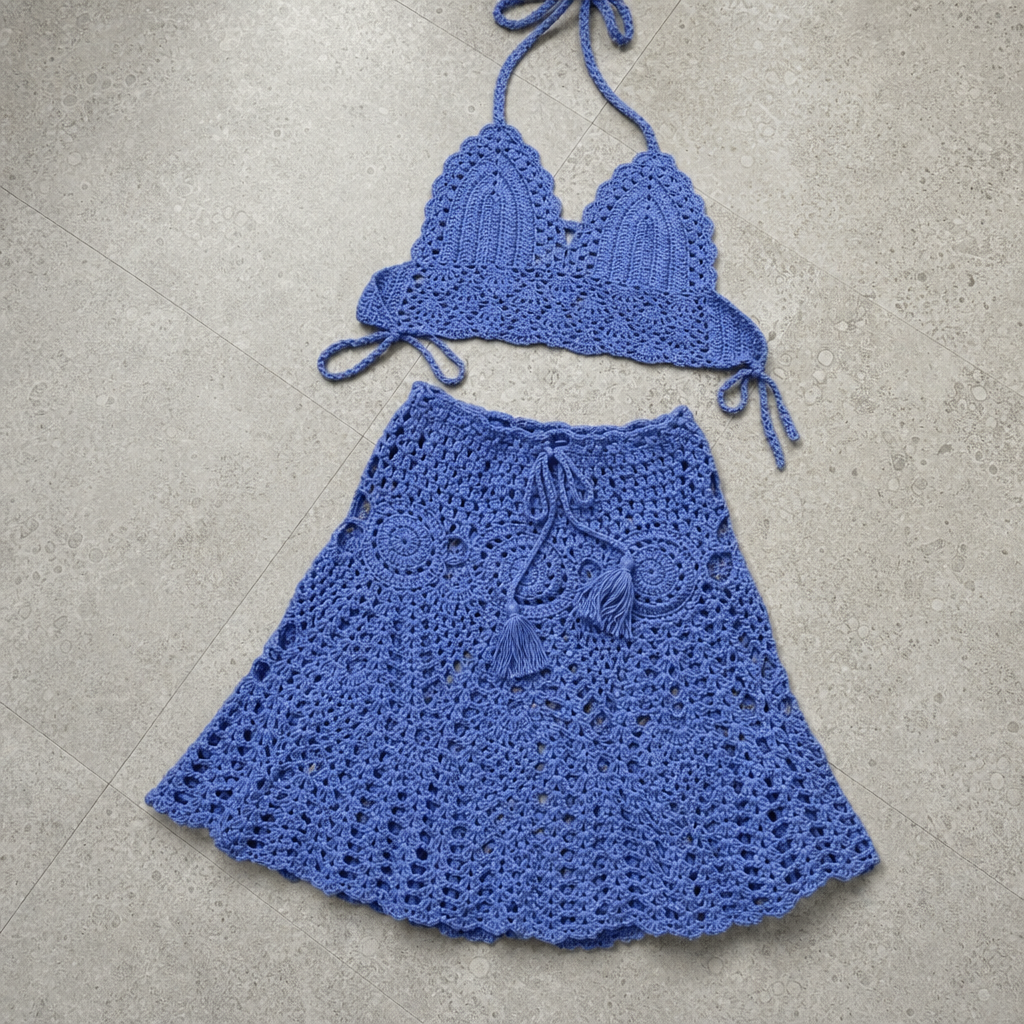 Porteza Crochet Halter Co-Ord Set in Blue