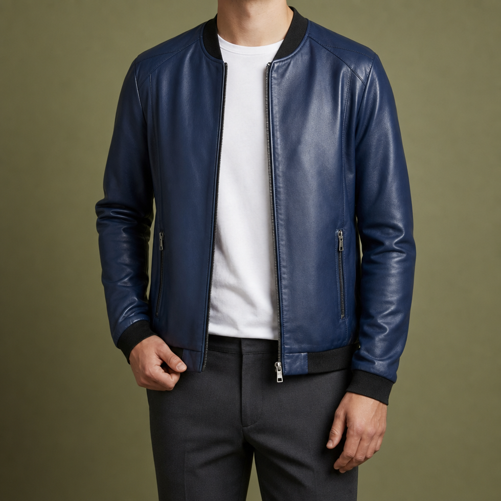 Makarska Leather Bomber Jacket in Blue