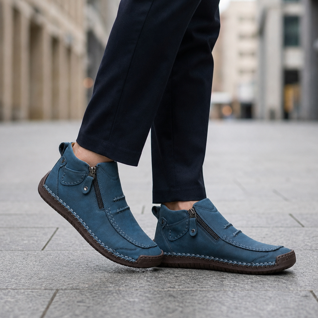 Antibes Whipstitch Leather Ankle Boots in Blue
