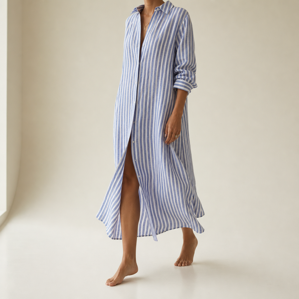 Comino Striped Linen Shirt Dress in Blue