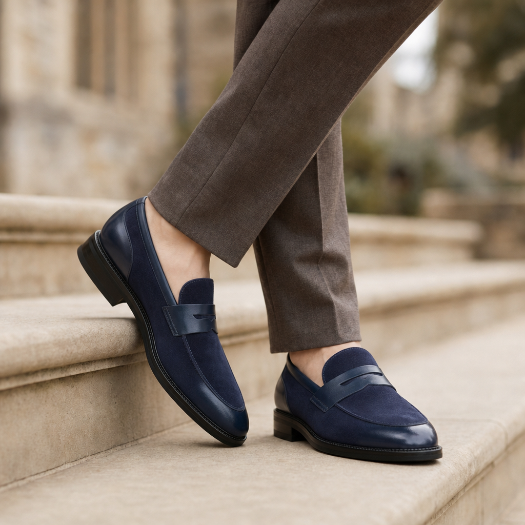 Paphos Leather Suede Loafers in Blue