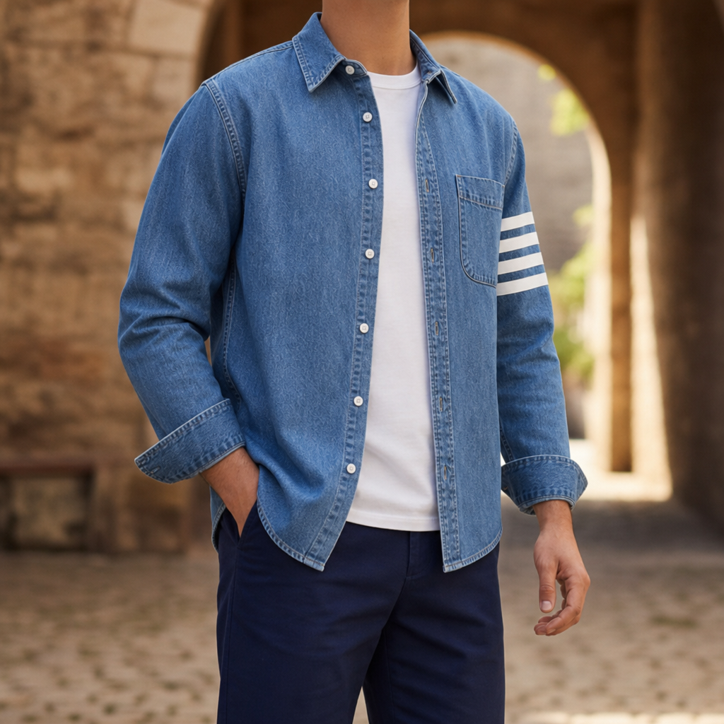 Ceret Striped Sleeve Denim Shirt in Blue