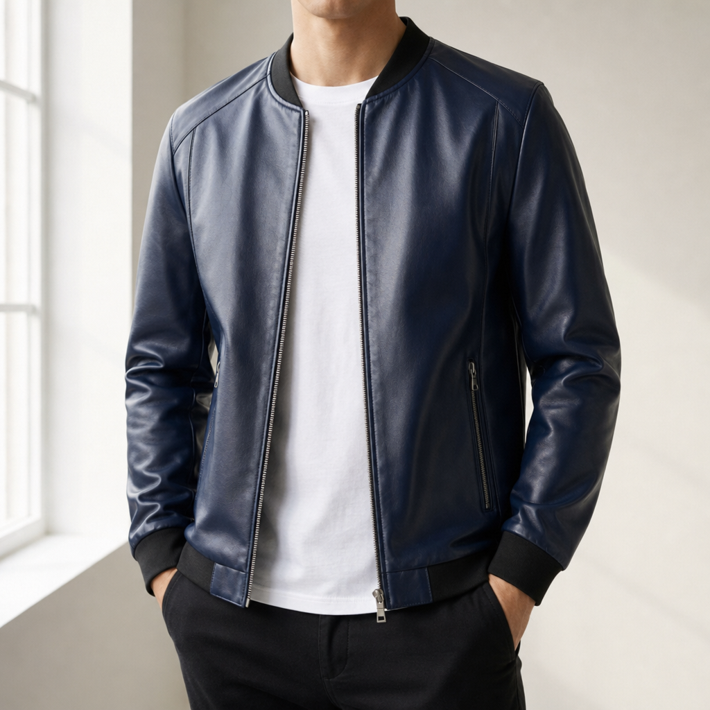 Pylos Faux Leather Bomber Jacket in Blue