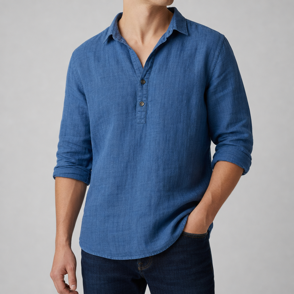 Ibiza Linen Henley Shirt in Blue