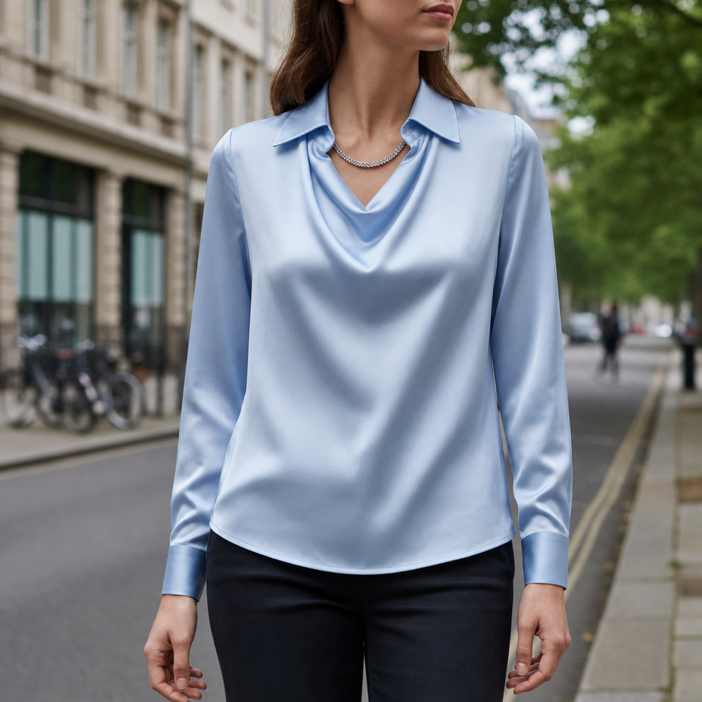Getaria Satin Cowl Neck Blouse in Blue