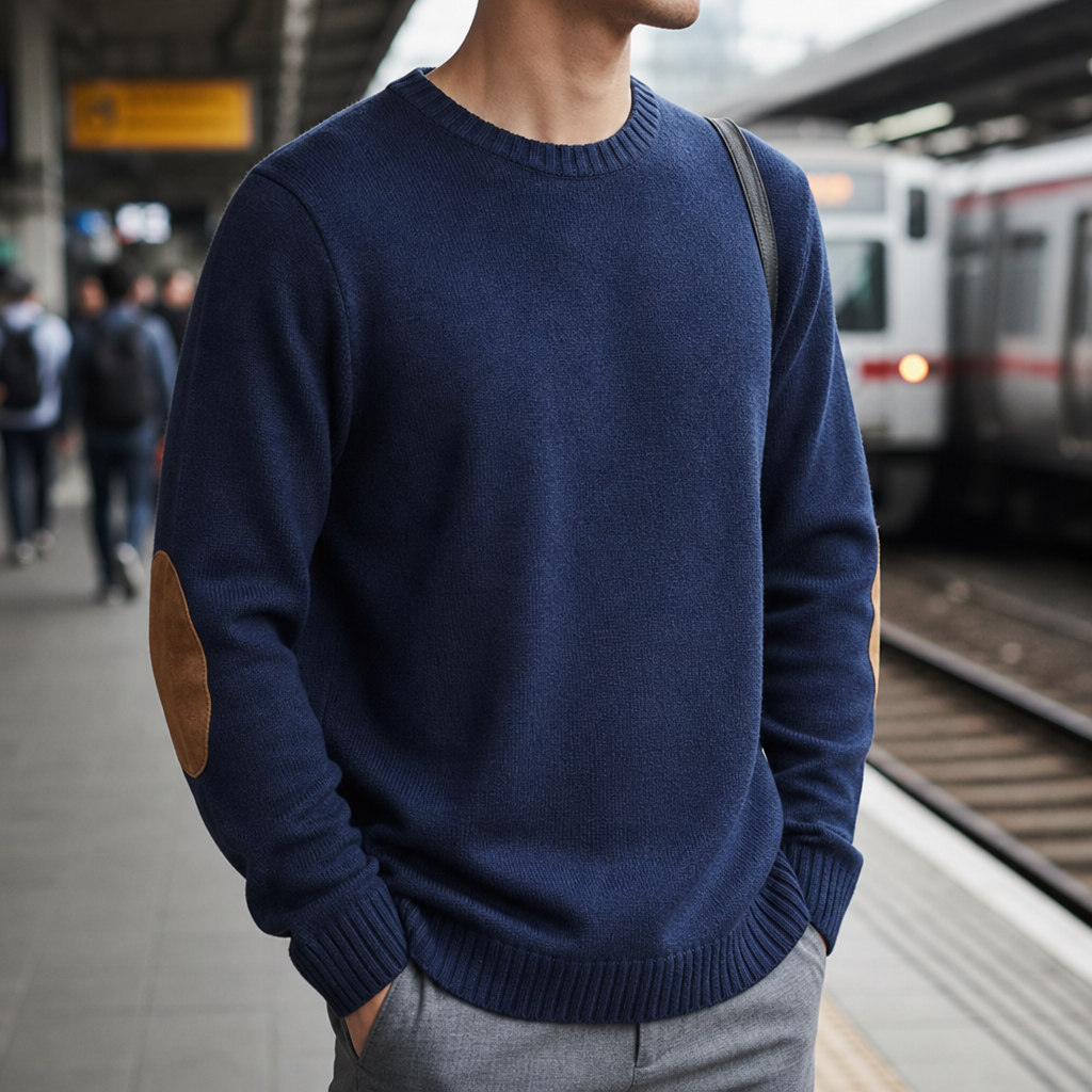 Spoleto Elbow Patch Crewneck Sweater in Blue