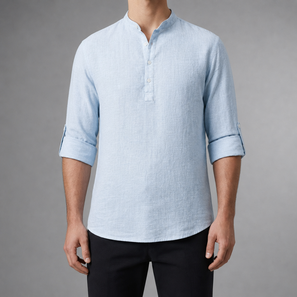 Perugia Linen Grandad Henley Shirt in Blue