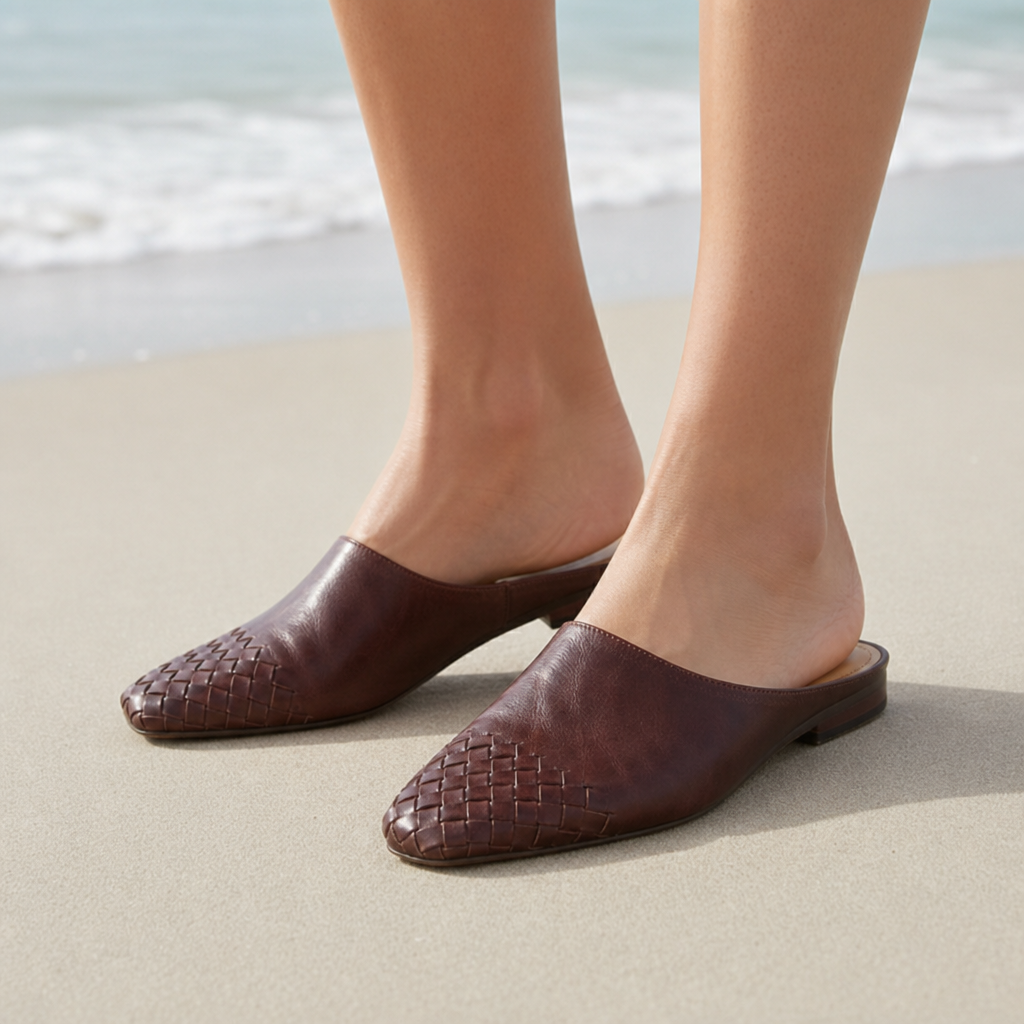 Ibiza Woven Leather Mules in Brown