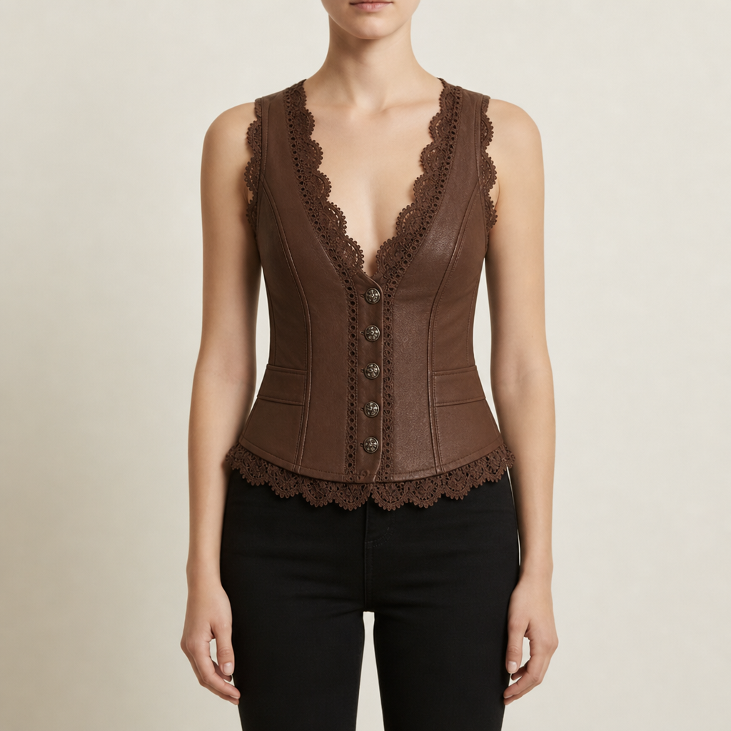 Cortona Lace Trim Corset Vest in Brown