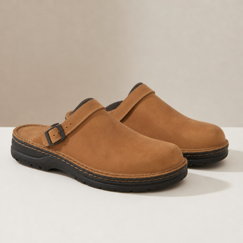 Hvar Leather Buckle Clogs in Brown