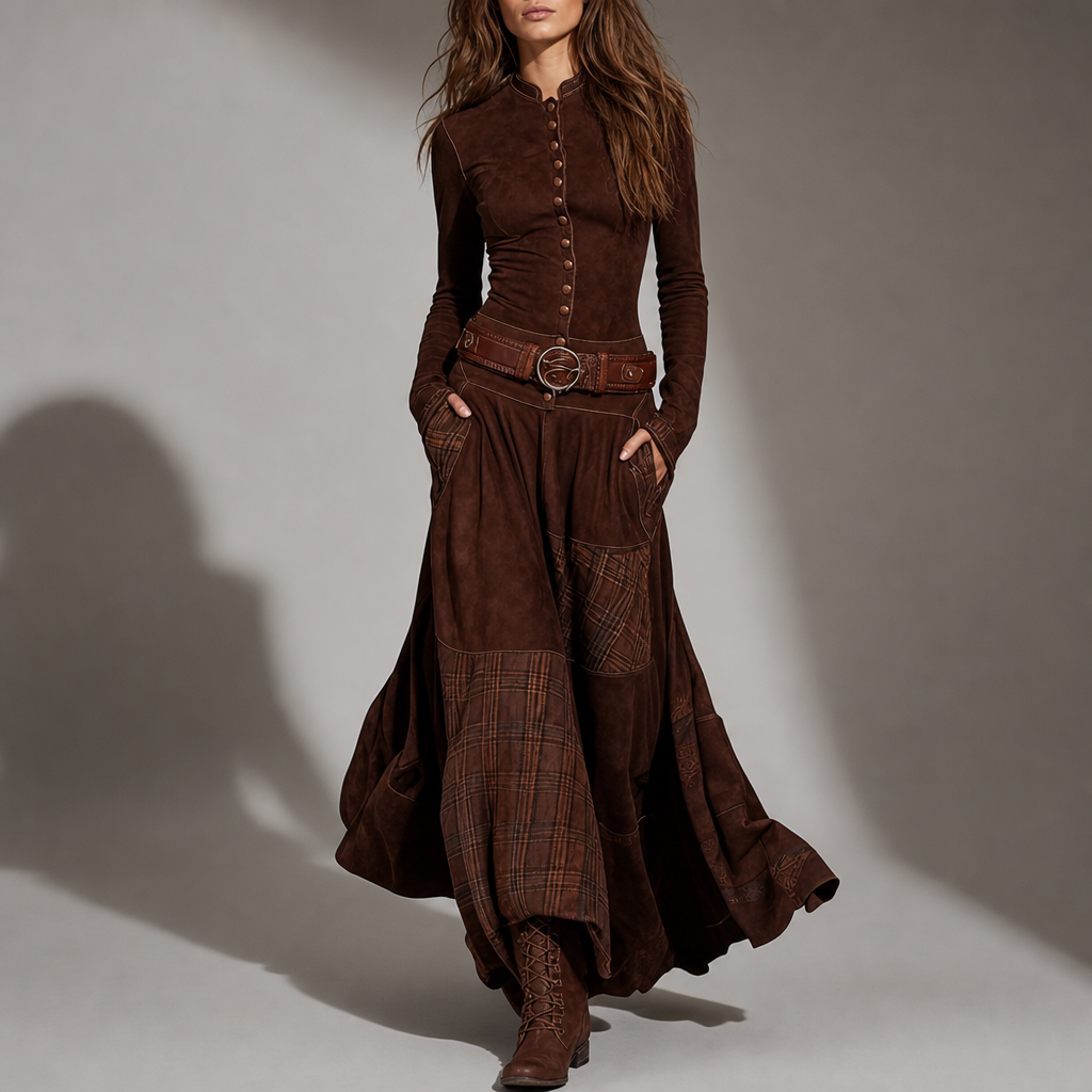 Symi Patchwork Plaid Maxi Dress in Brown