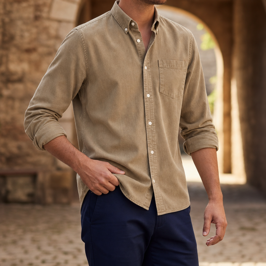 Bilbao Denim Button-Up Shirt in Brown