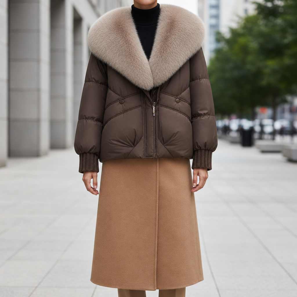 Stresa Fur Collar Puffer Coat in Brown