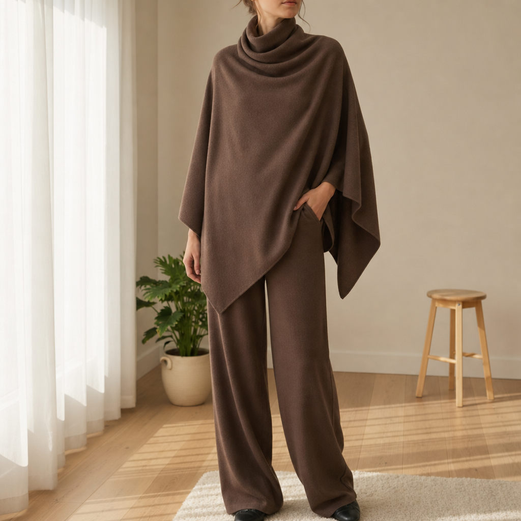 Verona Cape Poncho Trouser Set in Brown