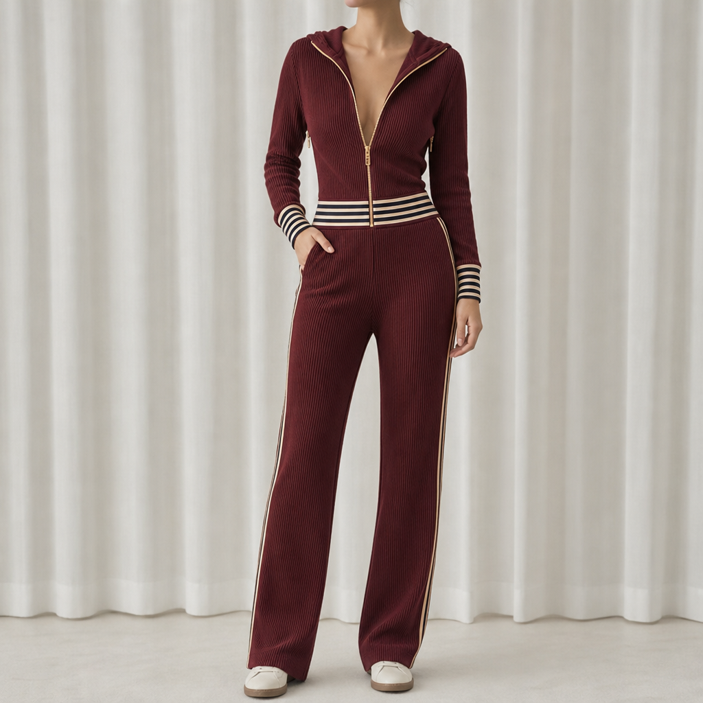 Comino Ribbed Knit Zip Jumpsuit in Burgundy