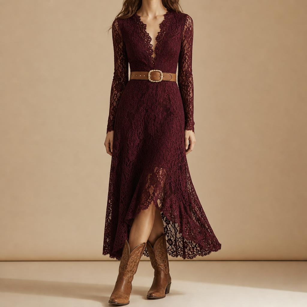 Porquerolles Lace V-Neck Midi Dress in Burgundy