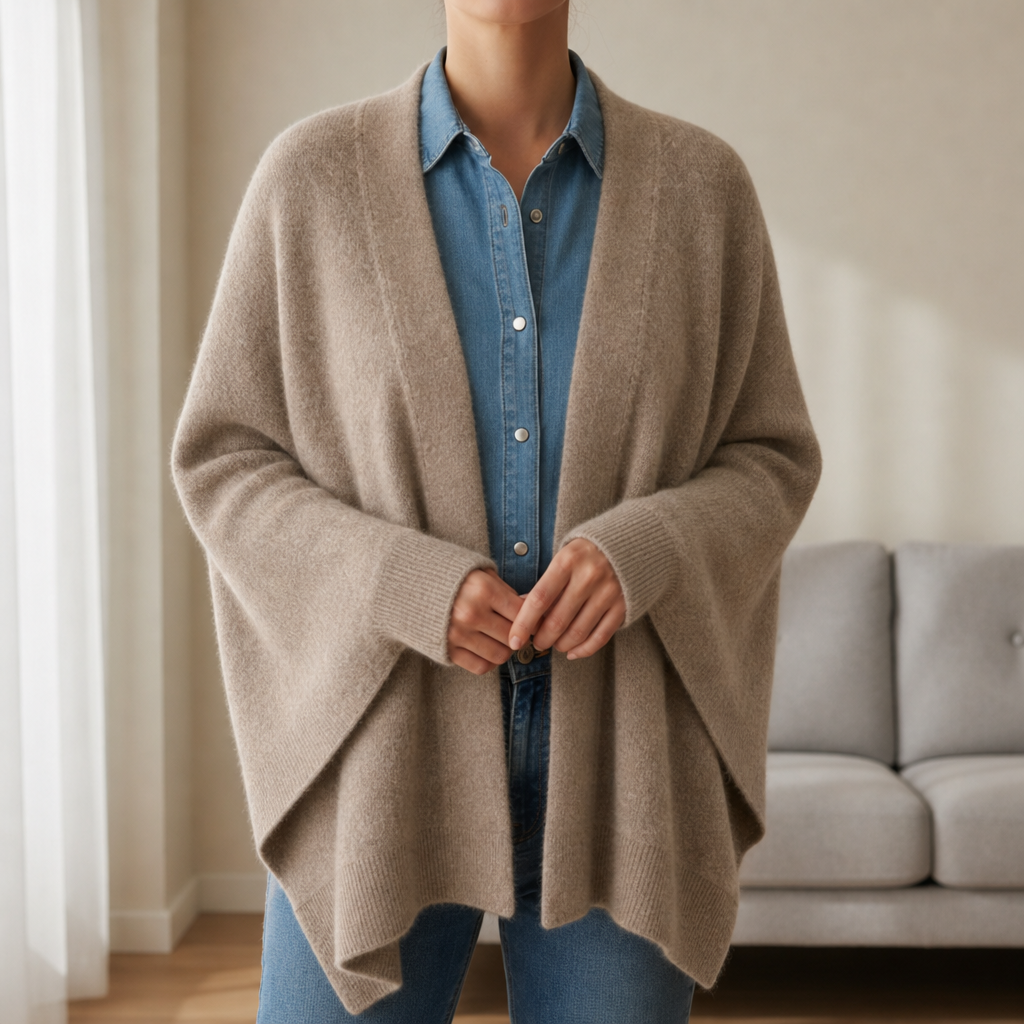 Thassos Wool Knit Shawl Cardigan in Camel
