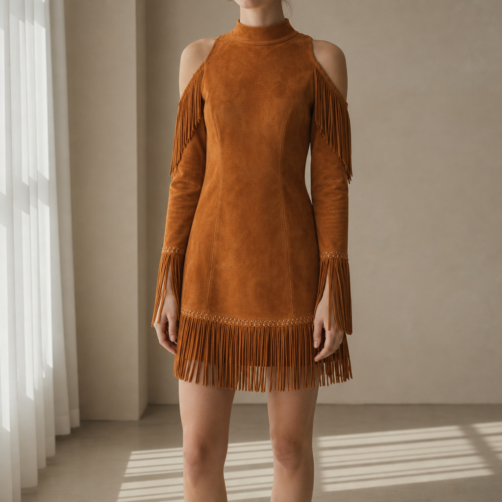 Aveiro Fringe Suede Mini Dress in caramel