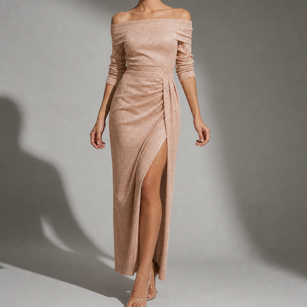 Pisa Ruched Slit Midi Dress in Champagne