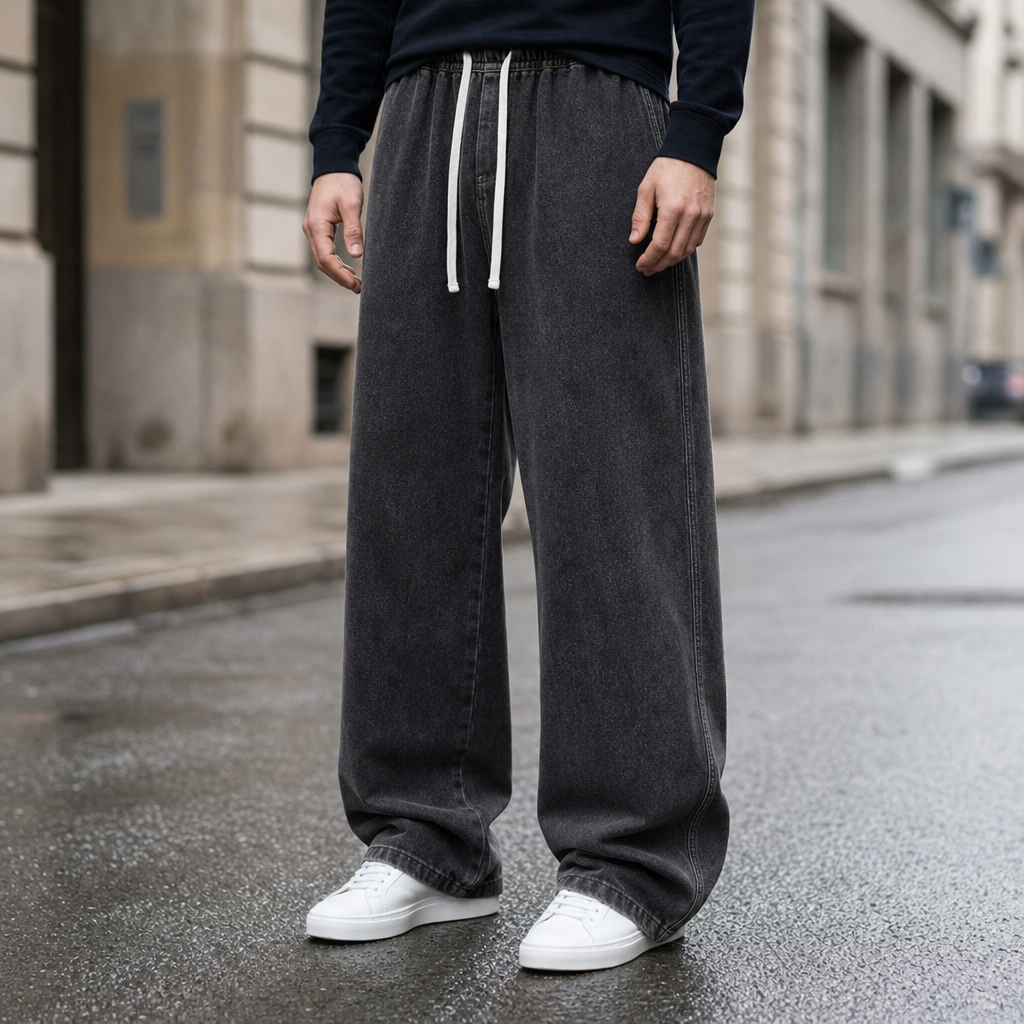Peniscola Wide-Leg Drawstring Jeans in Charcoal Wash
