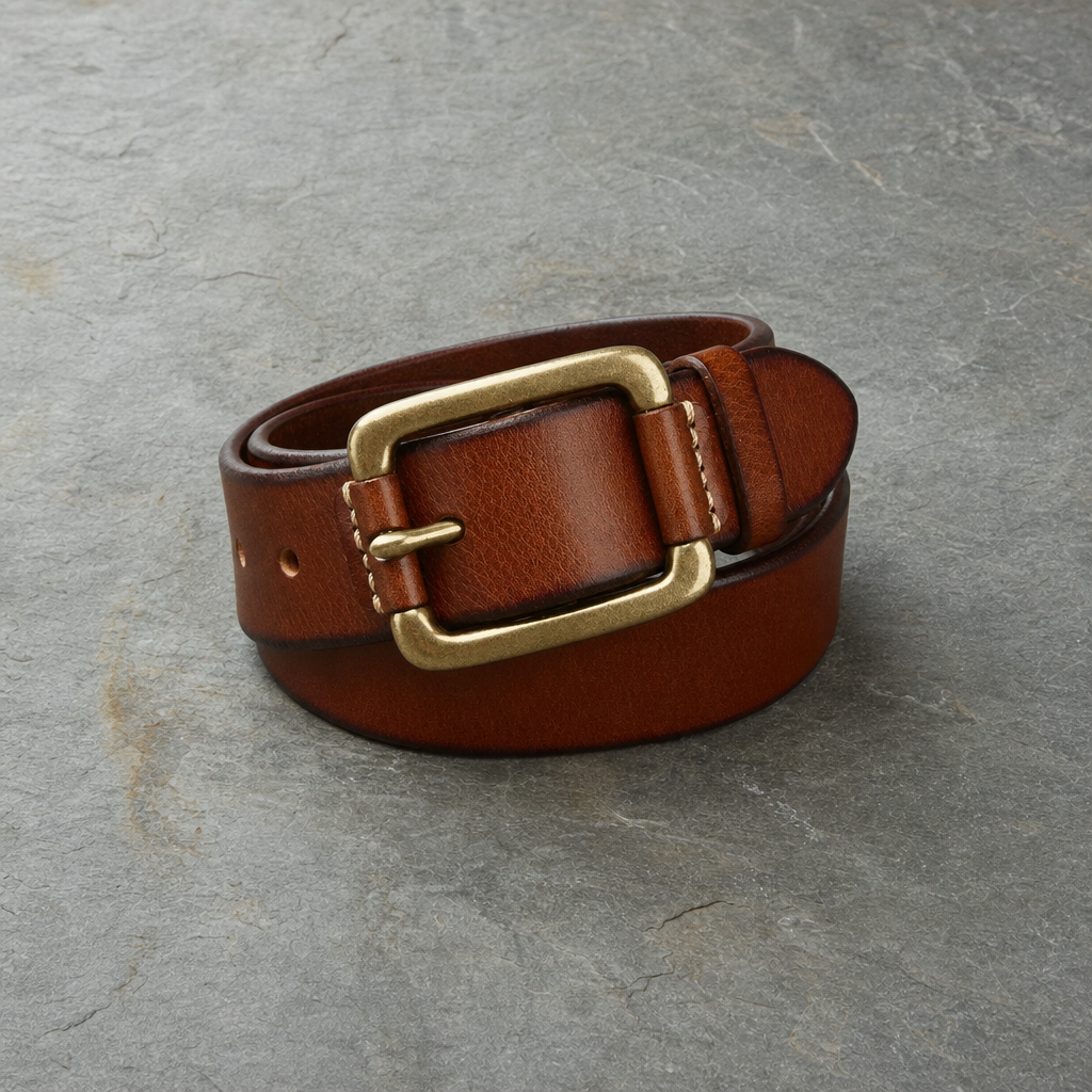 Mougins Brass Buckle Leather Belt in Chestnut Brown