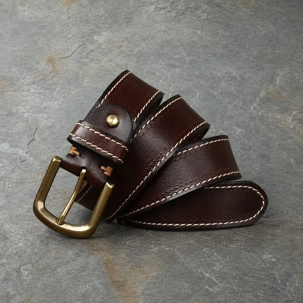 Porto Vecchio Hand-Stitched Leather Belt in Chestnut Brown