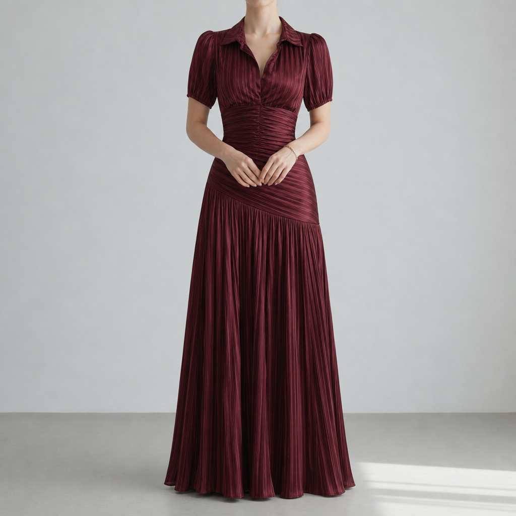 Milos Striped Satin Pleated Dress in Claret