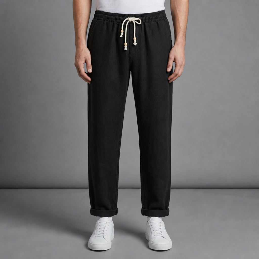 Alassio Linen Drawstring Trousers in Classic Black