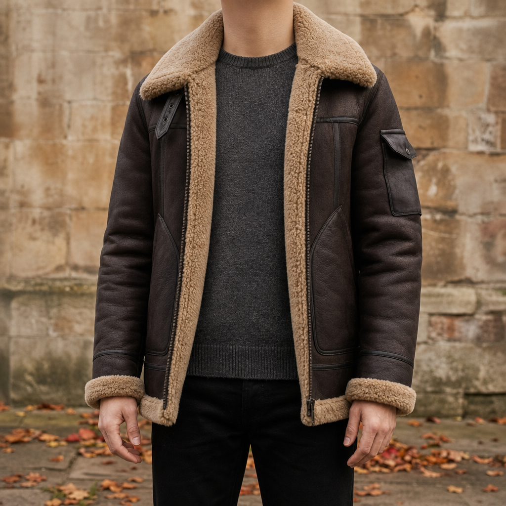Paphos Shearling Lined Leather Jacket in Coffee