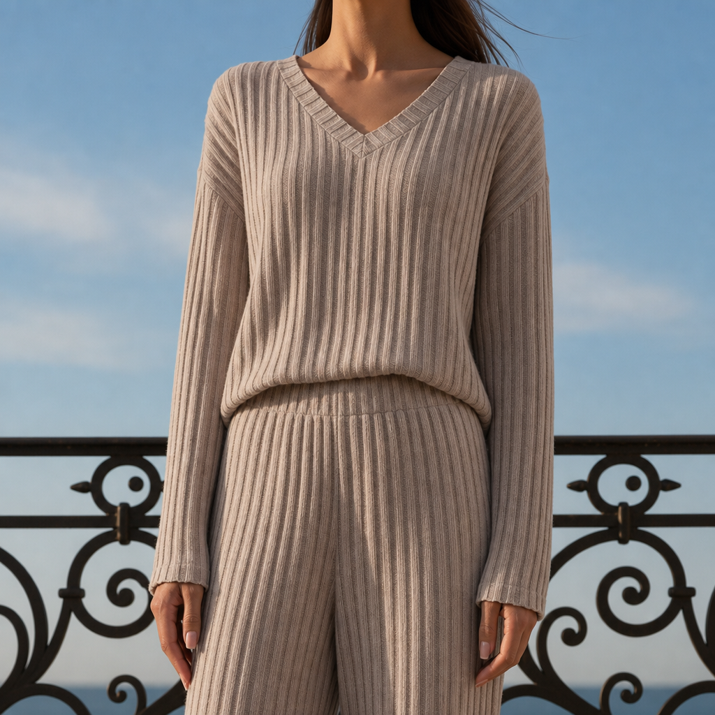 Elvas Ribbed Knit Lounge Set in Coffee