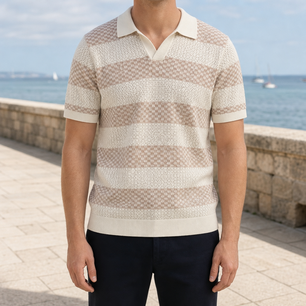 Menorca Checkered Knit Polo in Cream