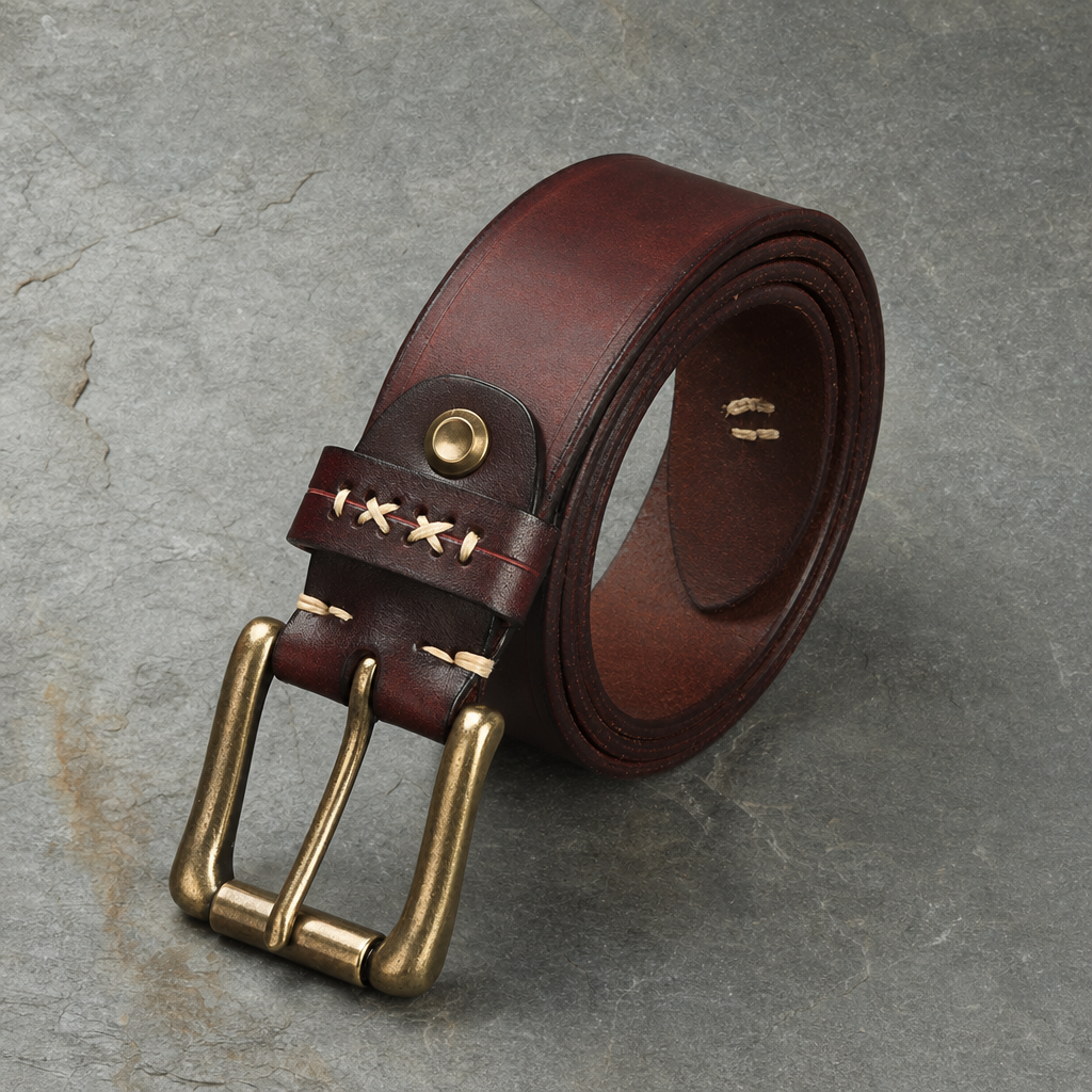 Cassis Hand-Stitched Leather Belt in Crimson Red