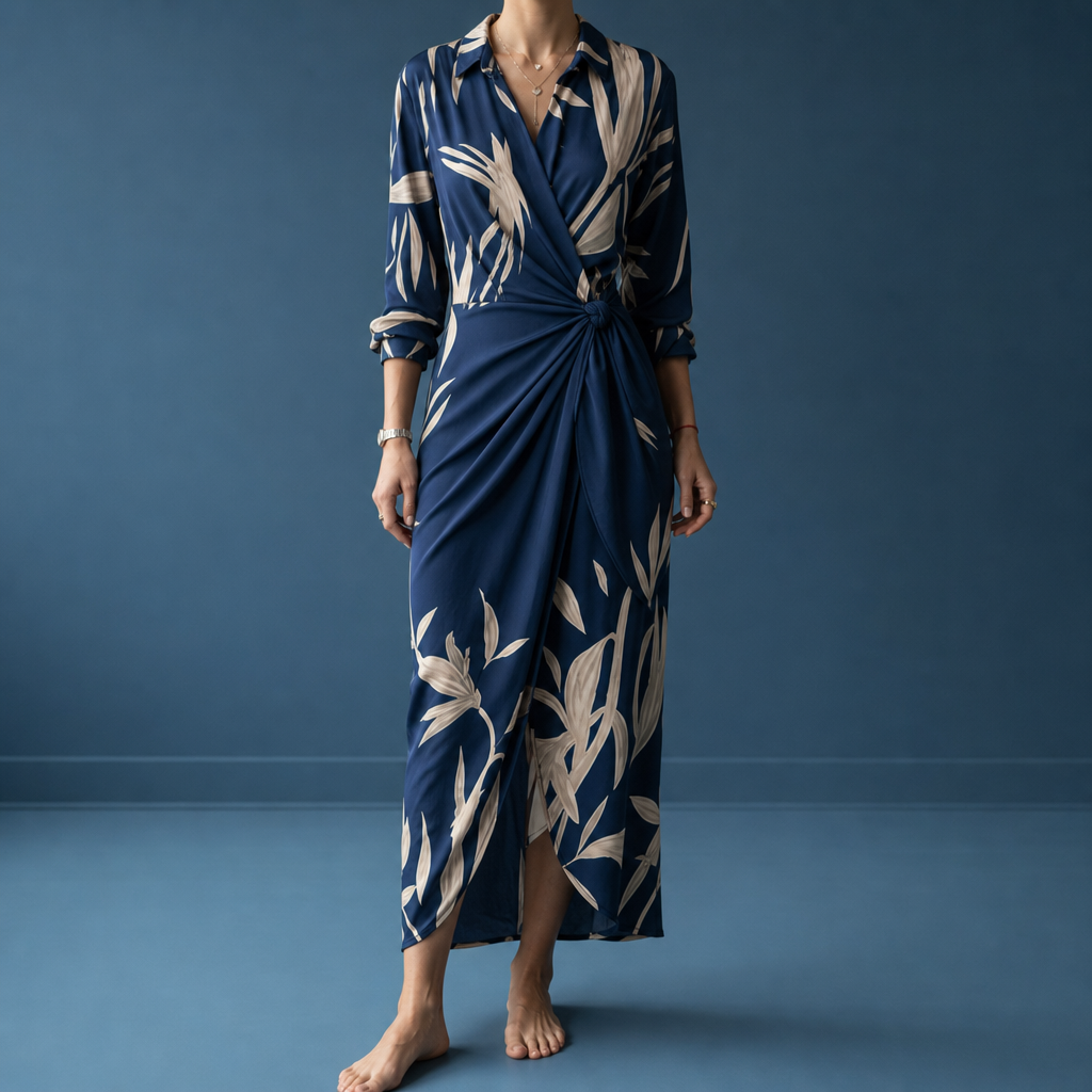 Mljet Striped Wrap Midi Dress in Dark Blue
