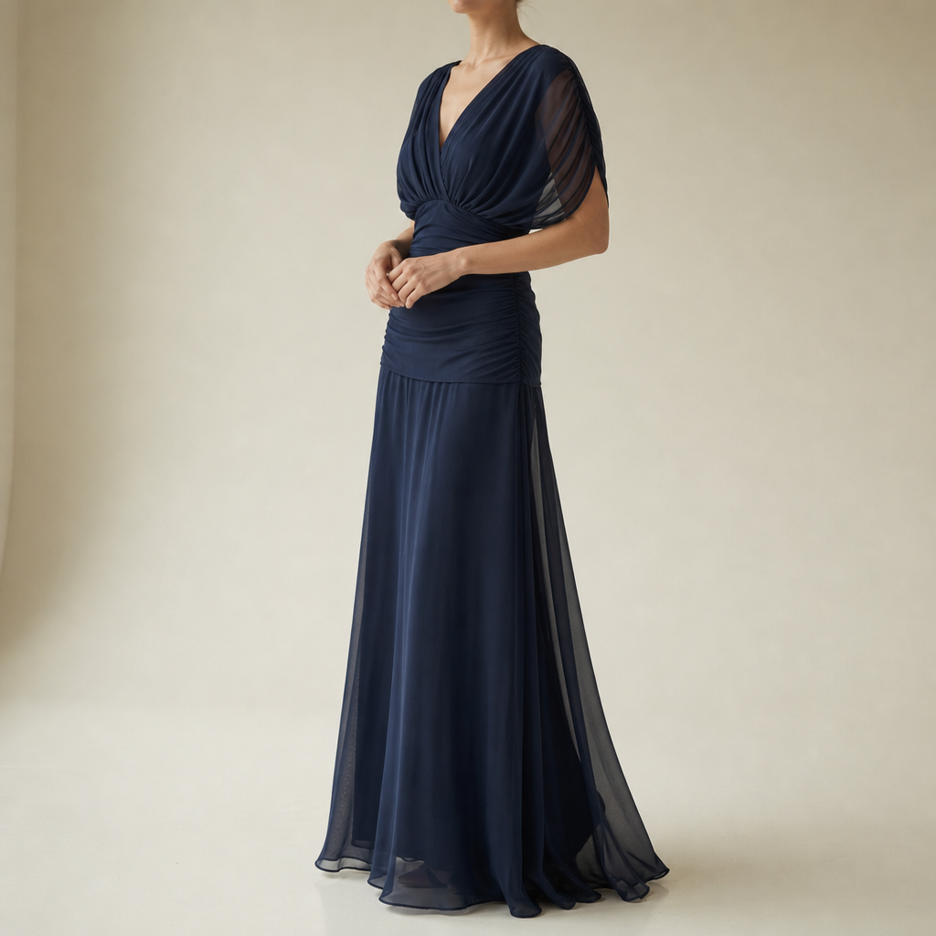 Zakynthos Ruched Chiffon Maxi Dress in Dark Blue