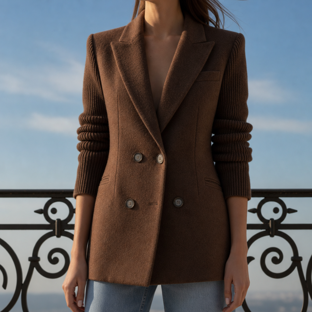 Monemvasia Double-Breasted Contrast Blazer in Dark Brown