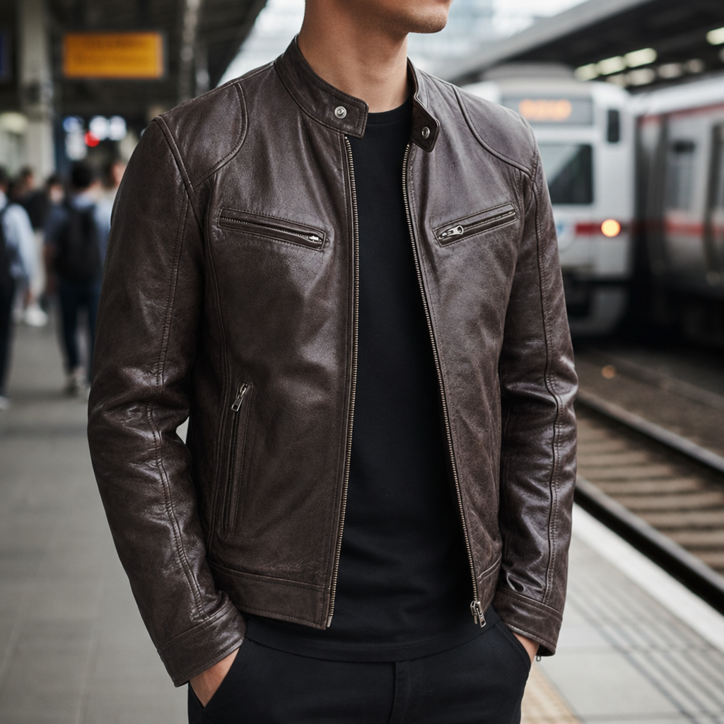 Madeira Classic Leather Biker Jacket in Dark Brown