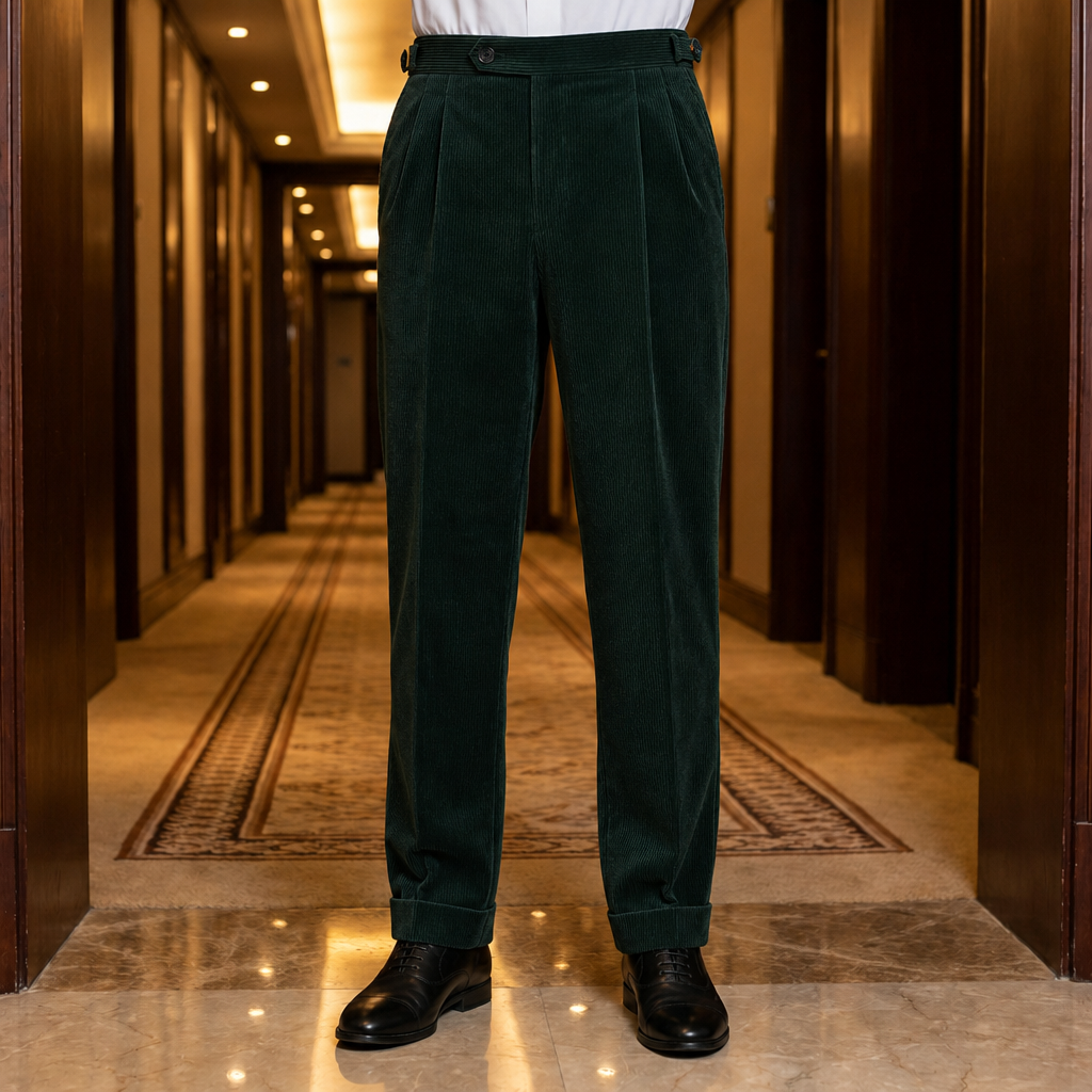 Amarante Pleated Corduroy Trousers in Dark Green
