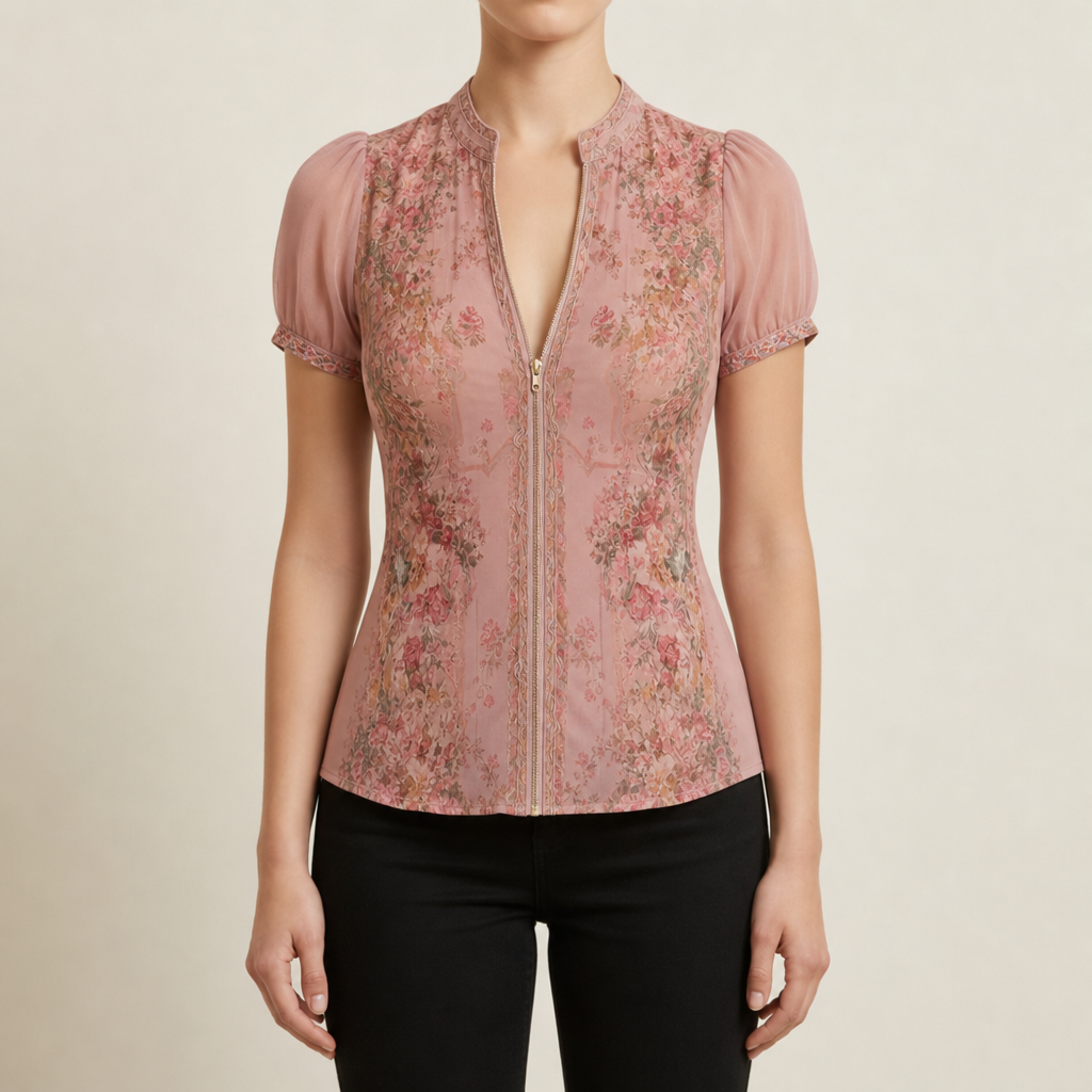 Palamos Floral Zip Chiffon Blouse in Dusty Rose