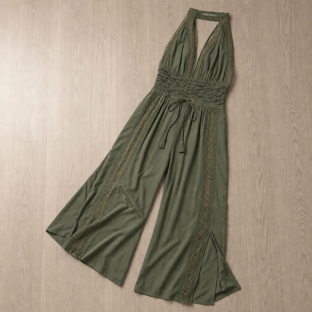 Sitia Lace Panel Halter Jumpsuit in Dusty Sage