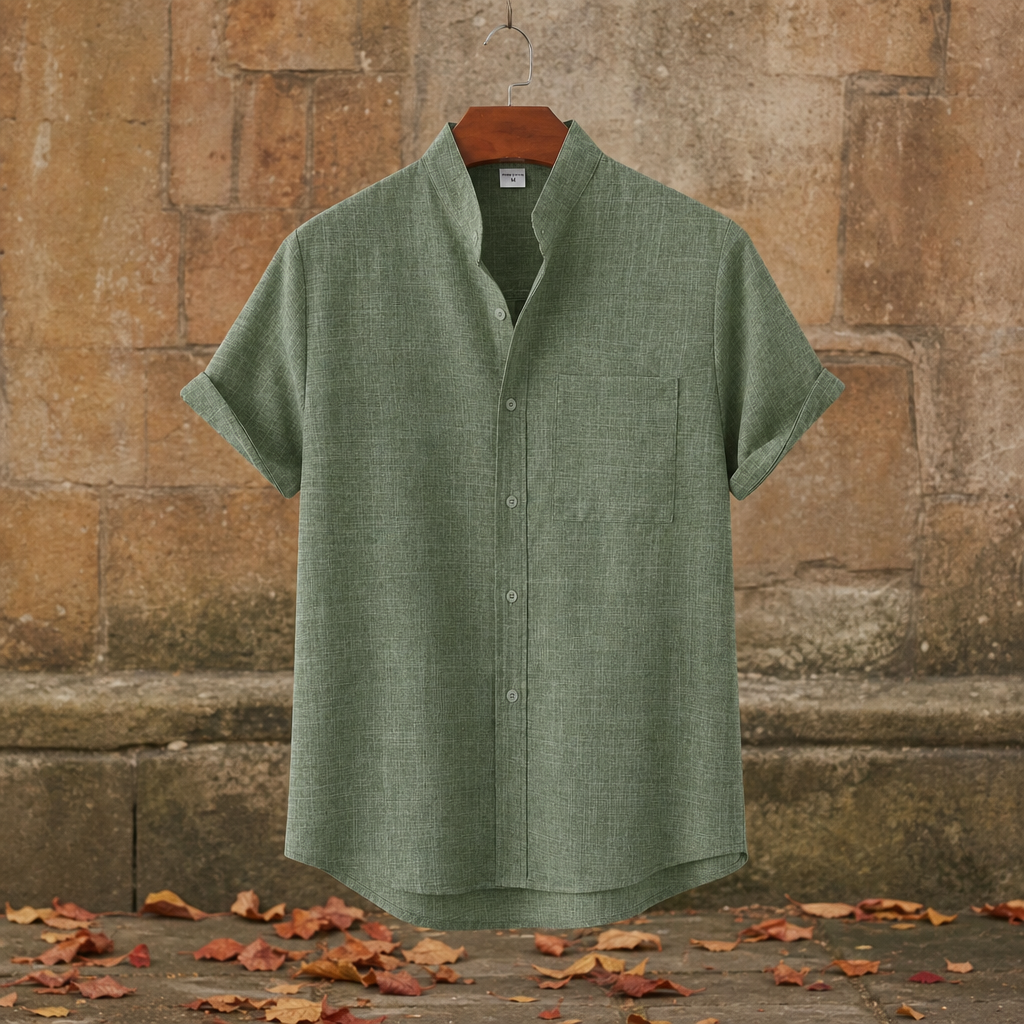 Ierapetra Stand Collar Linen Shirt in Emerald Green