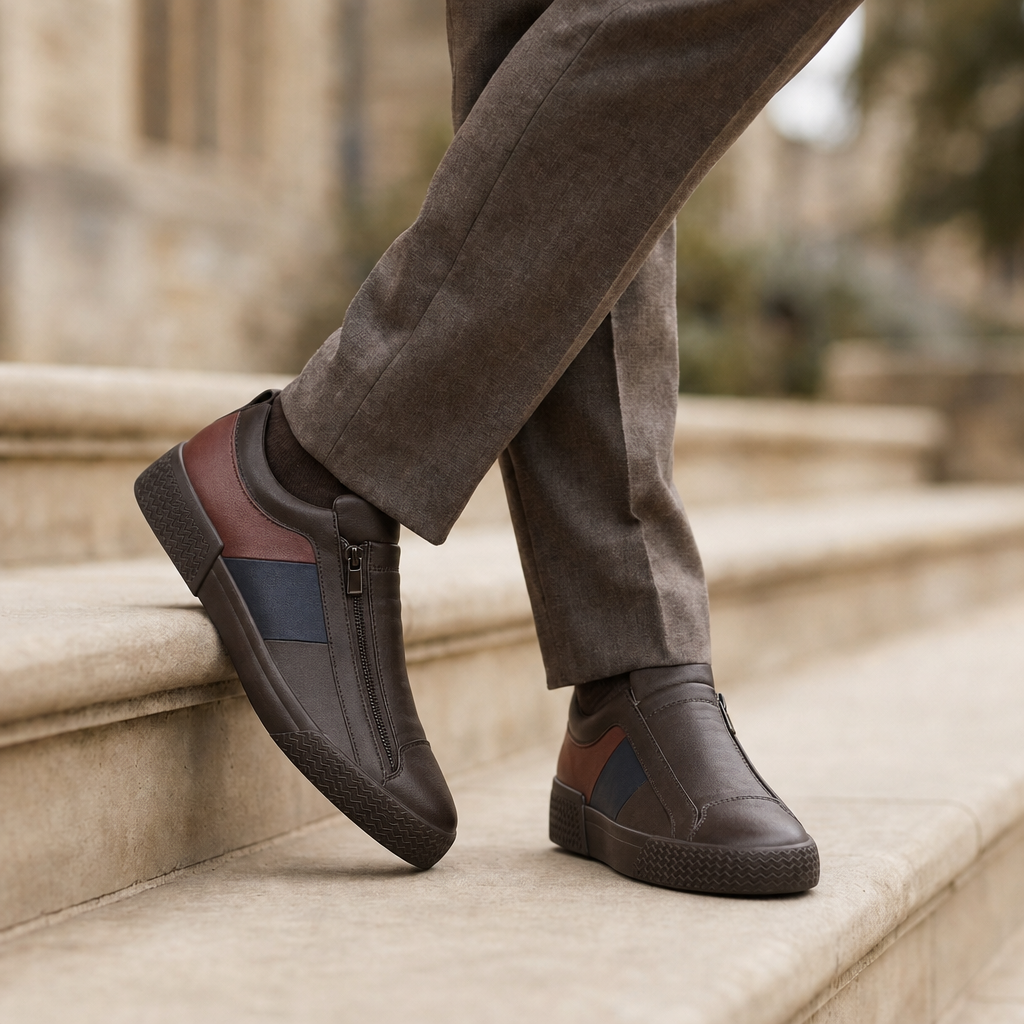 Alassio Leather Zip Sneakers in Espresso Brown