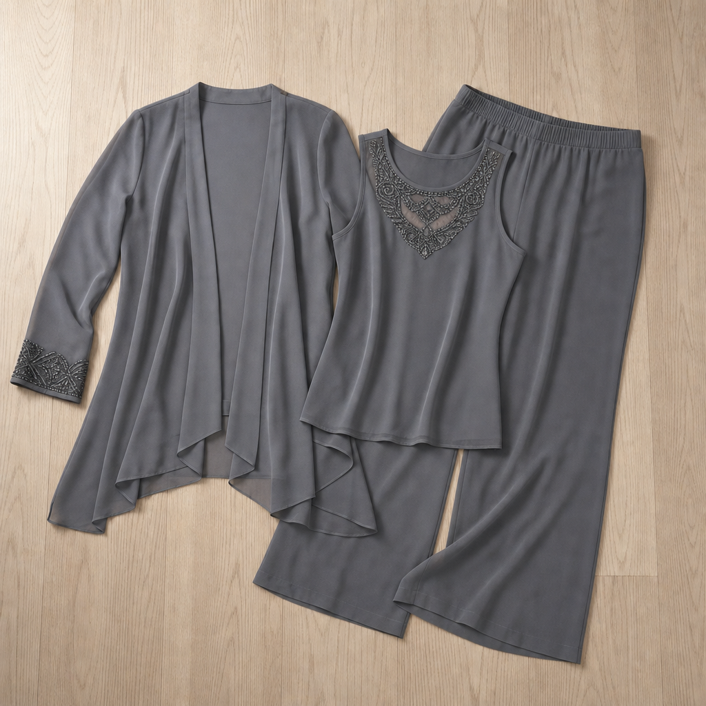 Poros Chiffon Three-Piece Suit in Gray