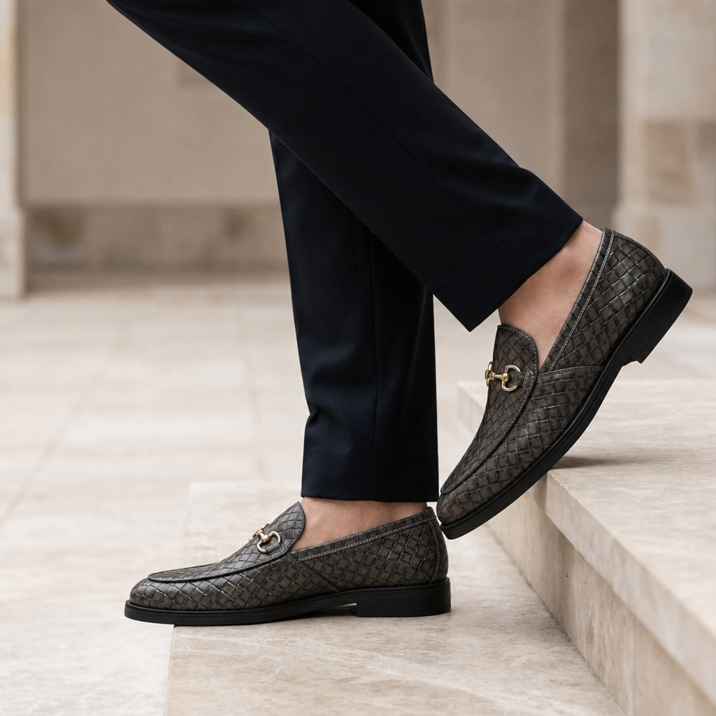 Carcassonne Woven Leather Horsebit Loafers in Gray