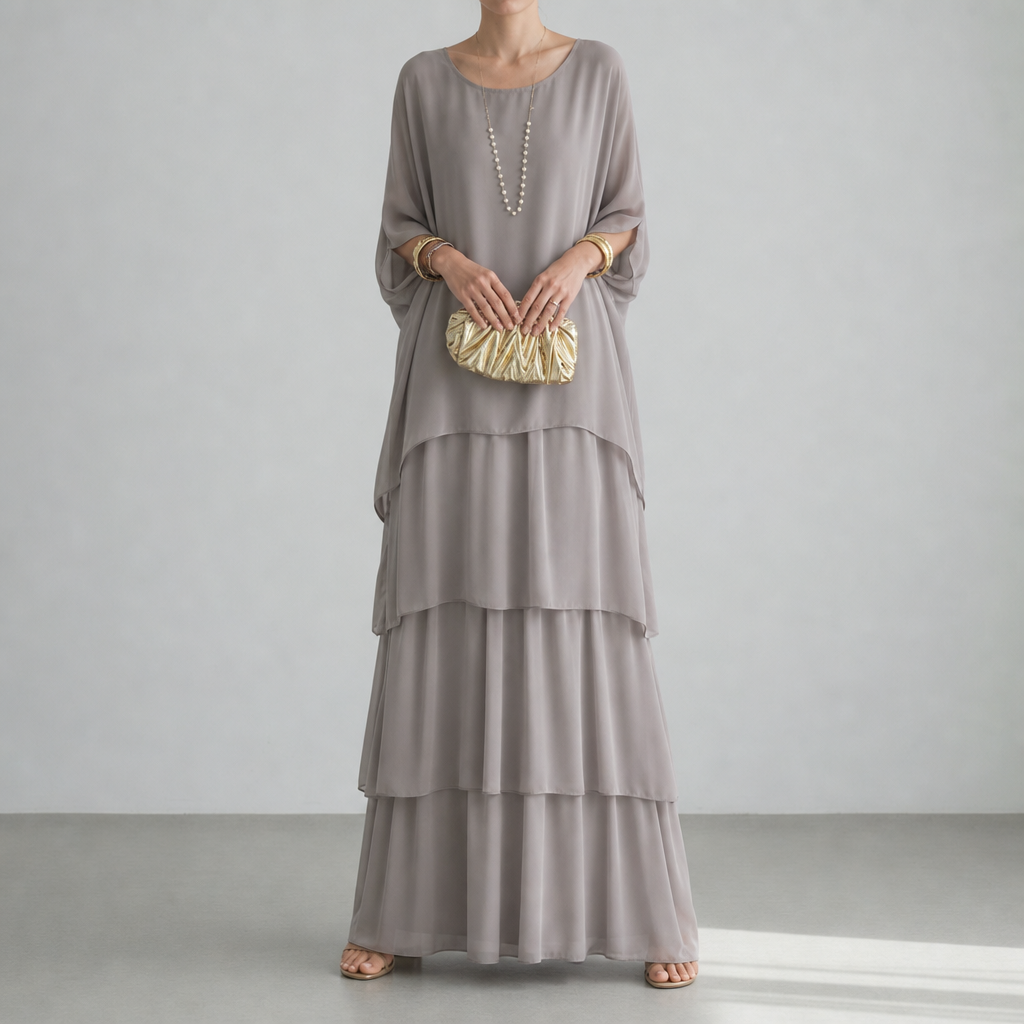 Grasse Tiered Chiffon Maxi Dress in Gray