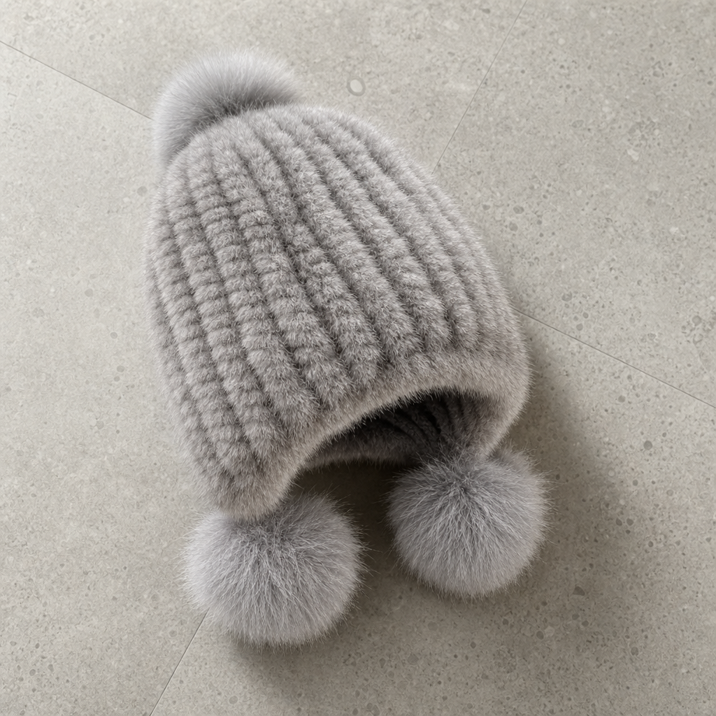 Deia Fur Pompom Beanie in Gray