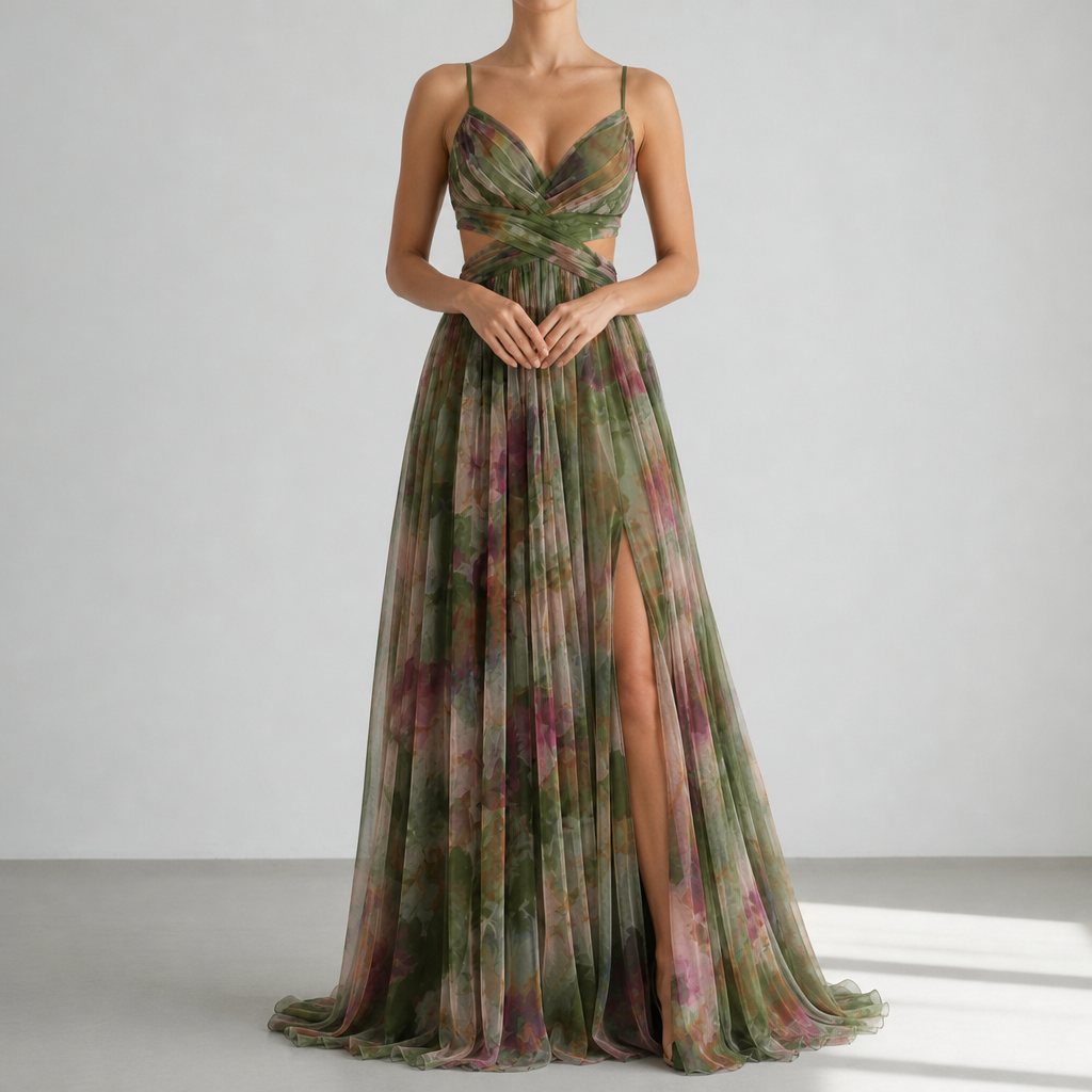 Gaeta Floral Chiffon Maxi Dress in Green
