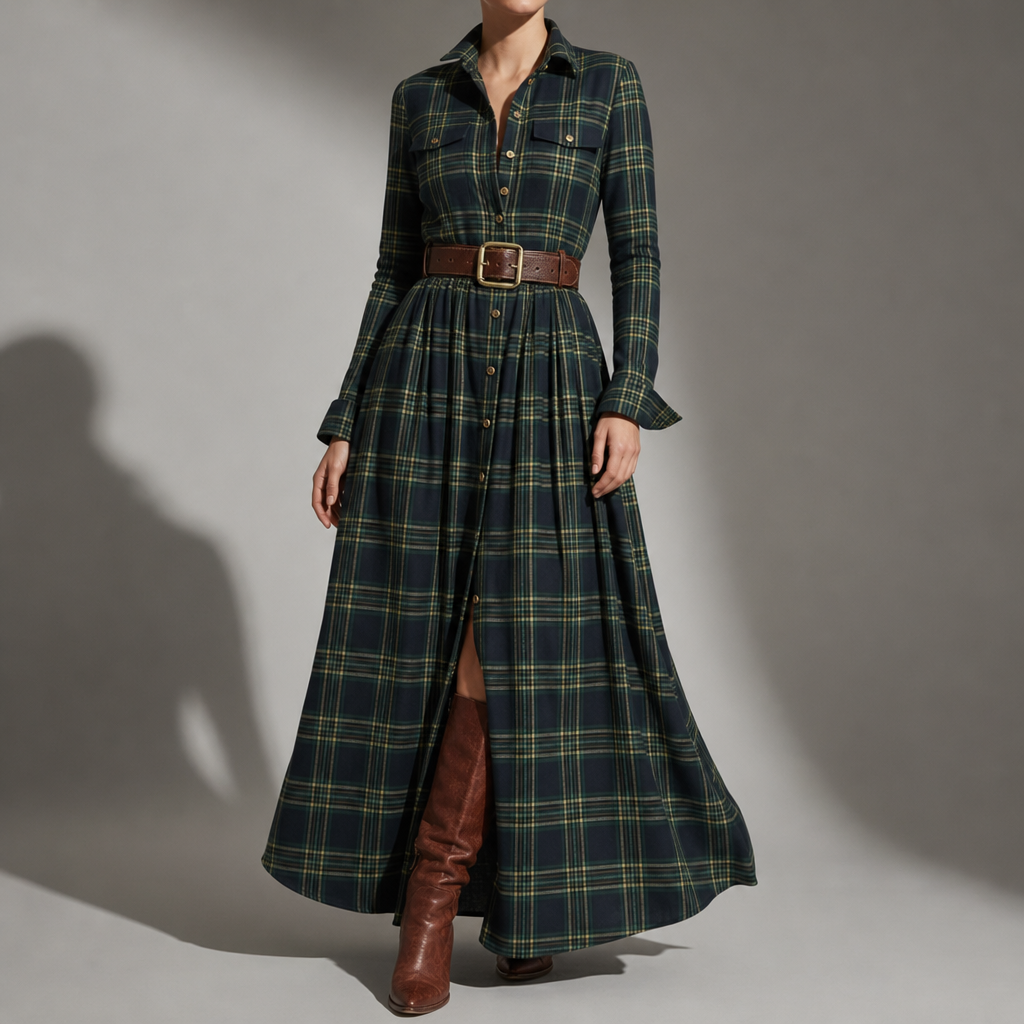 Rabat Plaid Belted Maxi Dress in Green