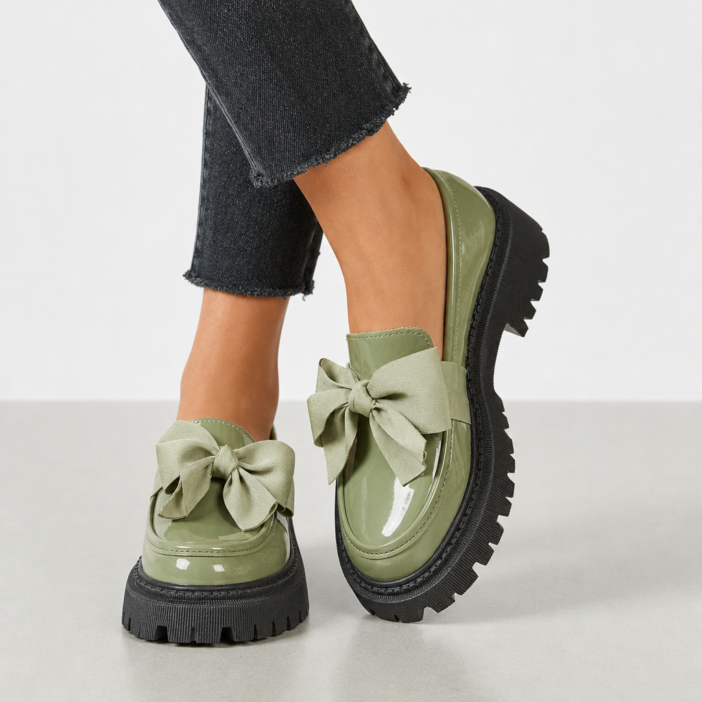 Chios Patent Bow Platform Loafers in Green