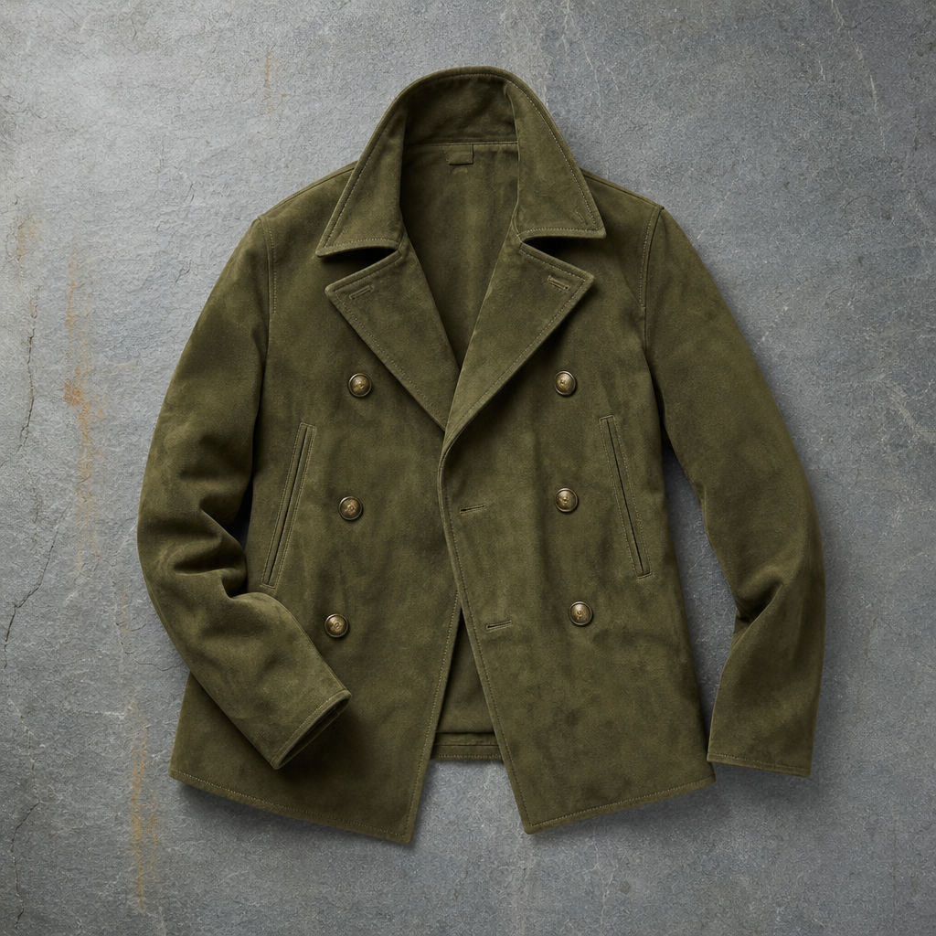 Rapallo Suede Double-Breasted Peacoat in Green